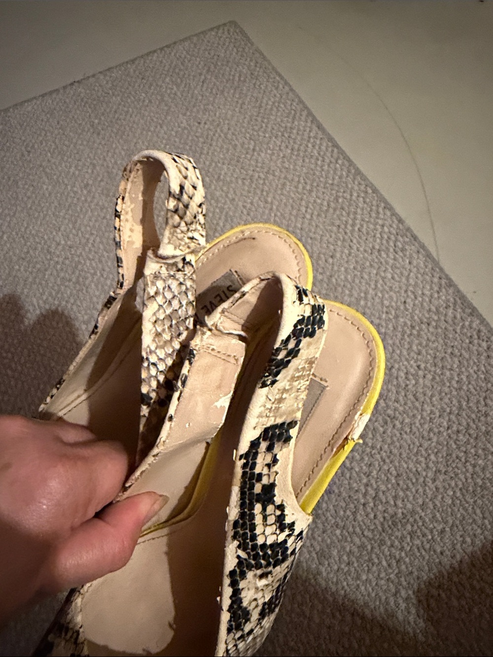 Steve Madden Snake-Print Peep Toe Heels with Yellow Accent - Picture 3 of 5
